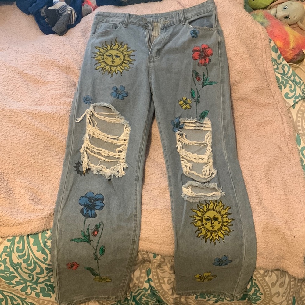SHEIN Floral High Waist Straight Leg Jeans